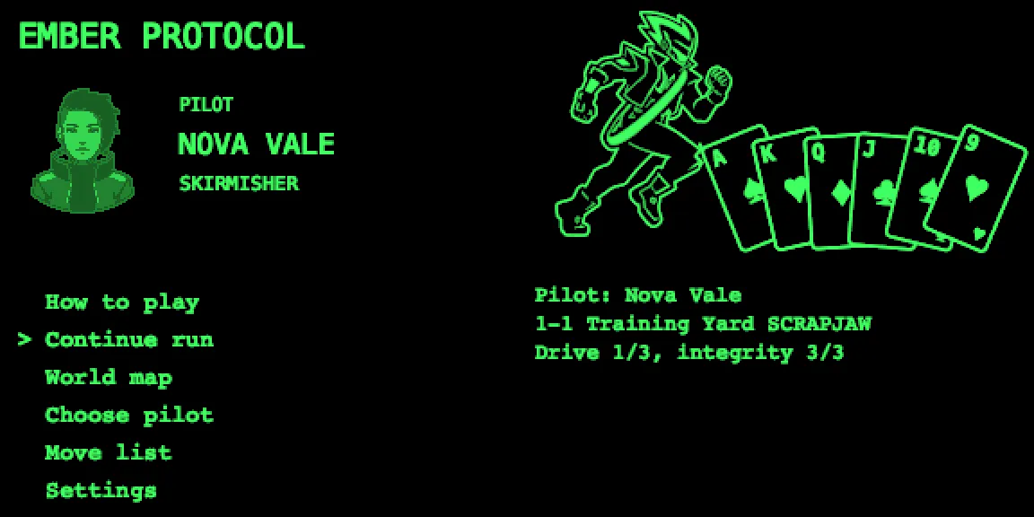 Home screen in the glasses: Ember Protocol, pilot and menu