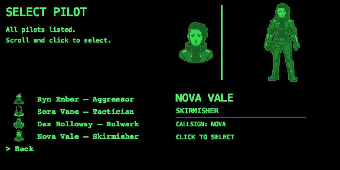 Select Pilot screen with the four pilots listed