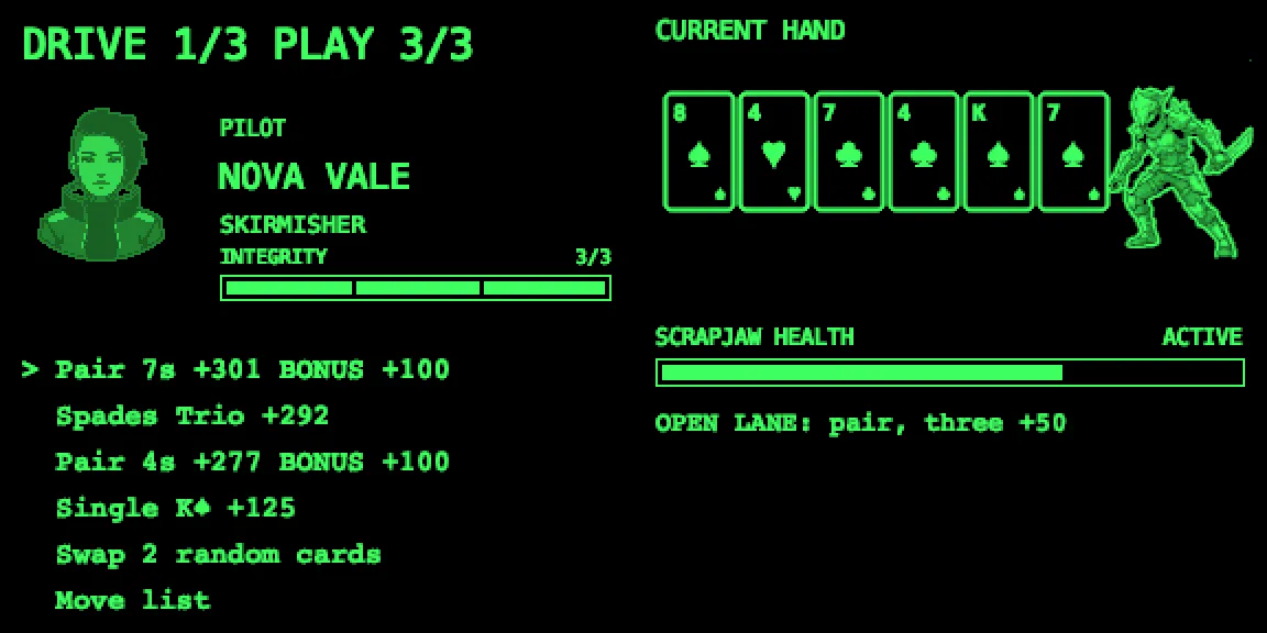 Card play screen: current hand, moves, rival health